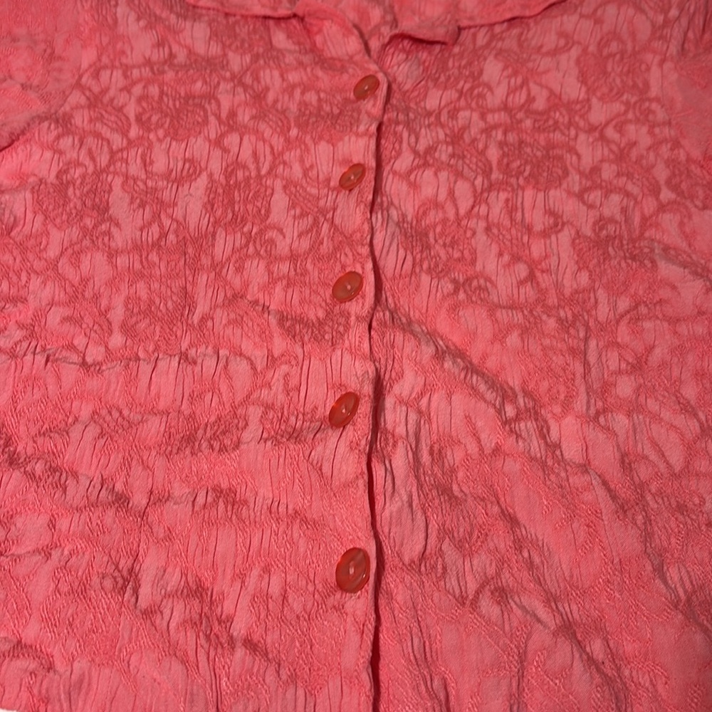 Vintage pink smocked open back cropped short sleeve button down relaxed blouse M - Picture 5 of 14